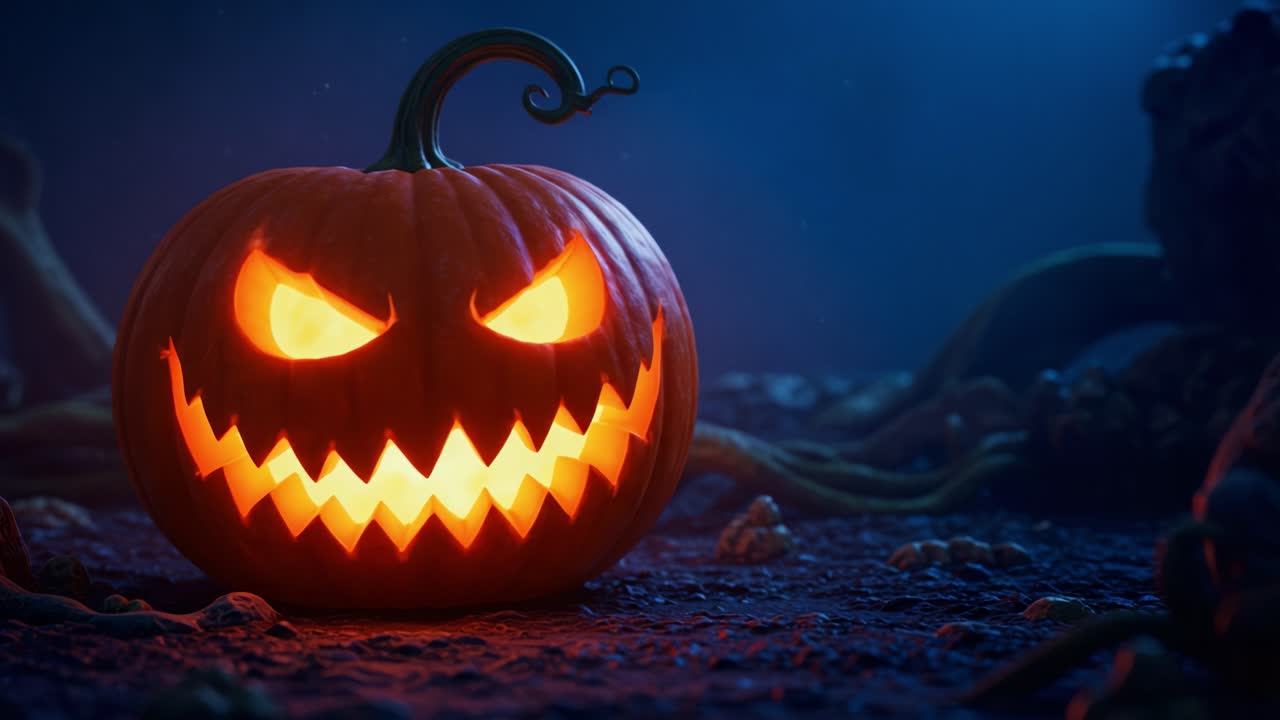 Eerie Glow of a Sinister Jack-o'-Lantern Illuminates a Spooky Landscape, Creating an Atmospheric Halloween Scene with Creepy Details and Ominous Vibes