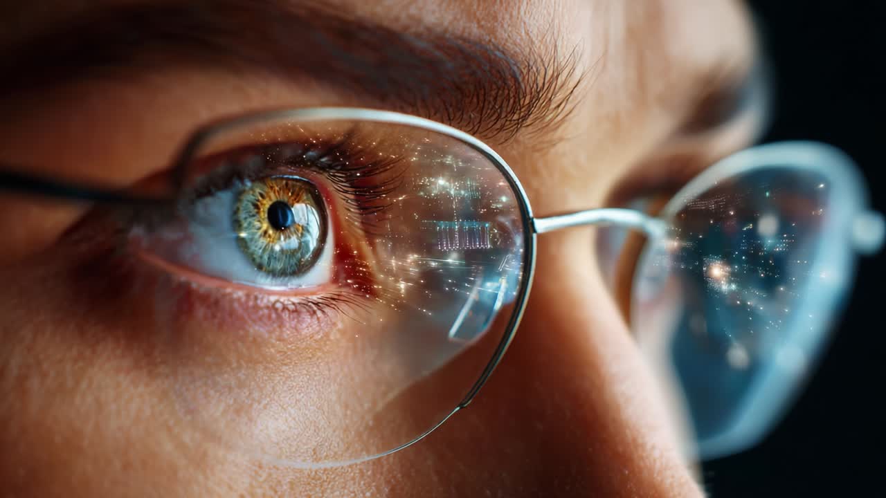 A Close-Up Perspective of an Individual's Eye with Glasses, Featuring a Stunning Reflection of Glimmering Stars and Cosmic Elements, Captivating the Majesty and Beauty of Our Universe and Imagination