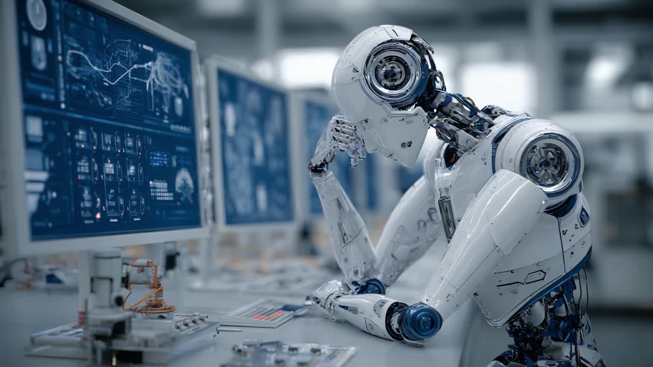 A Thought-Provoking Moment: A Humanoid Robot Ponders While Interacting with Advanced Technology Interfaces in a High-Tech Environment