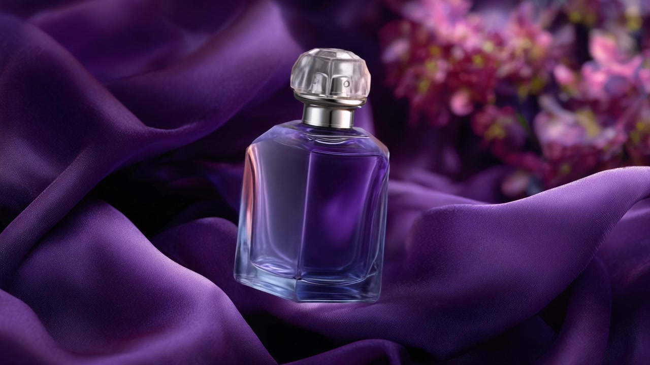 Elegante flacone di profumo viola avvolto armoniosamente da tessuto di seta violetto e fiori delicati, creando un'atmosfera lussuosa e invitante per gli amanti delle fragranze