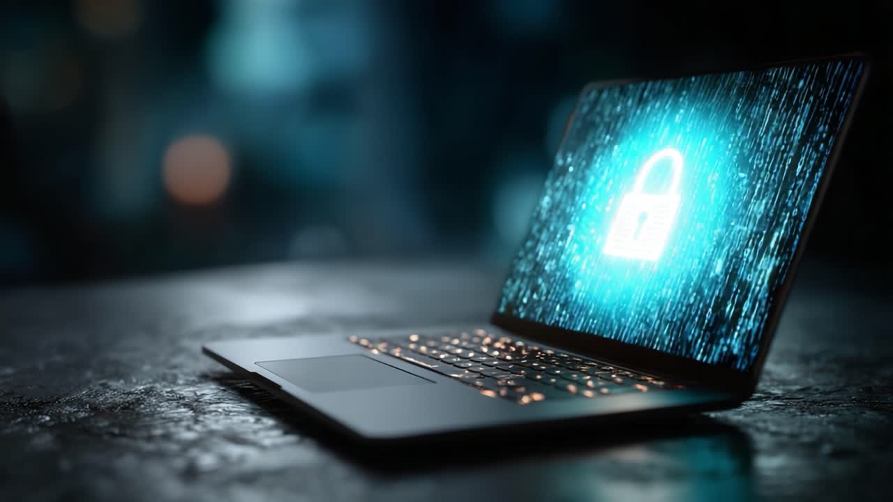 A sleek laptop sits on a dark surface, illuminated by a holographic padlock symbol, representing cutting-edge cybersecurity and data protection in a digital world