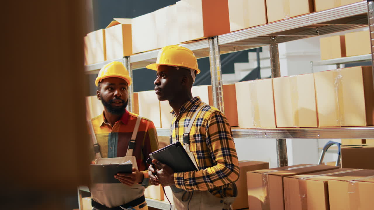 trabajadores del almacén inspeccionando el inventario