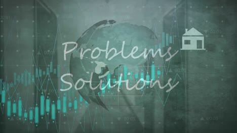 animation of problems solutions text and data processing over spinning globe against grey background