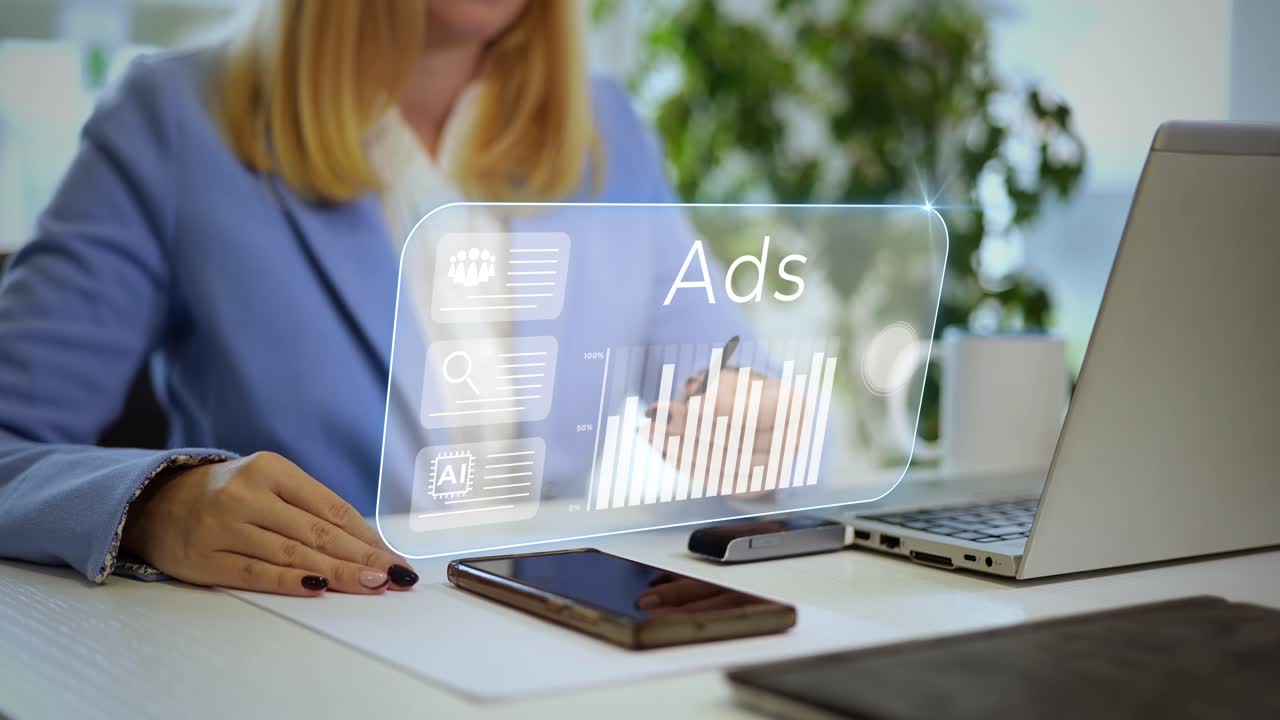 Businesswoman using virtual display, analyzing ads and graphs. AI technology in digital marketing and online advertising analysis. 3D animation