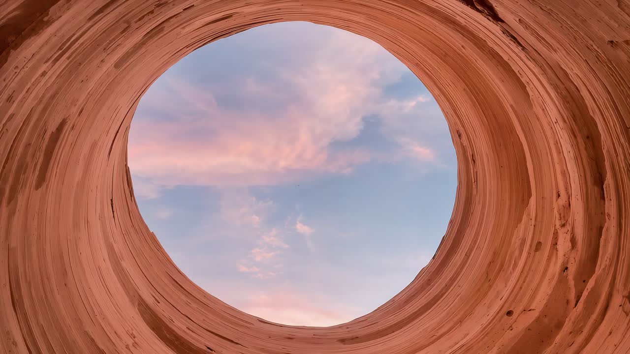 La luce mutevole dell'alba rivela un'apertura di arenaria in una dolina, con pareti ad anello e nuvole rosa