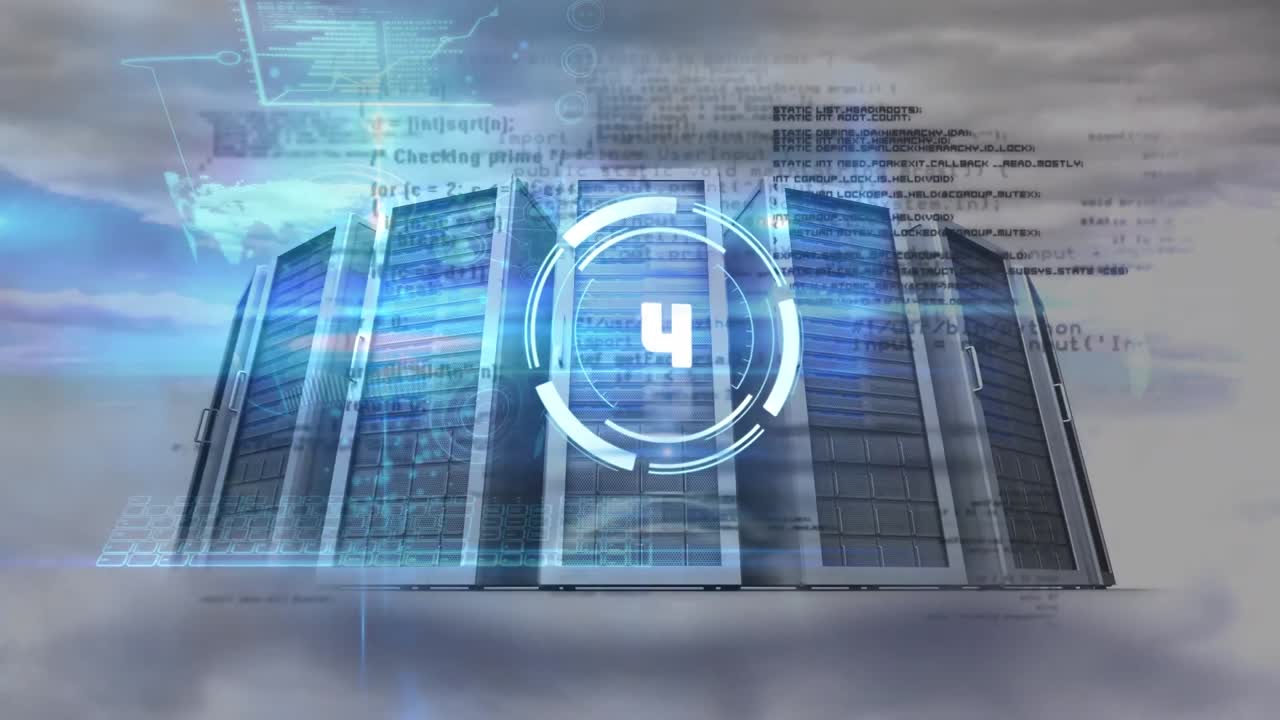 Animation of counting, data processing and servers over clouds