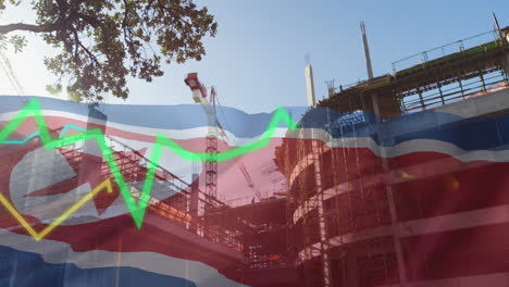 animation of diagrams and flag of north korea over building site