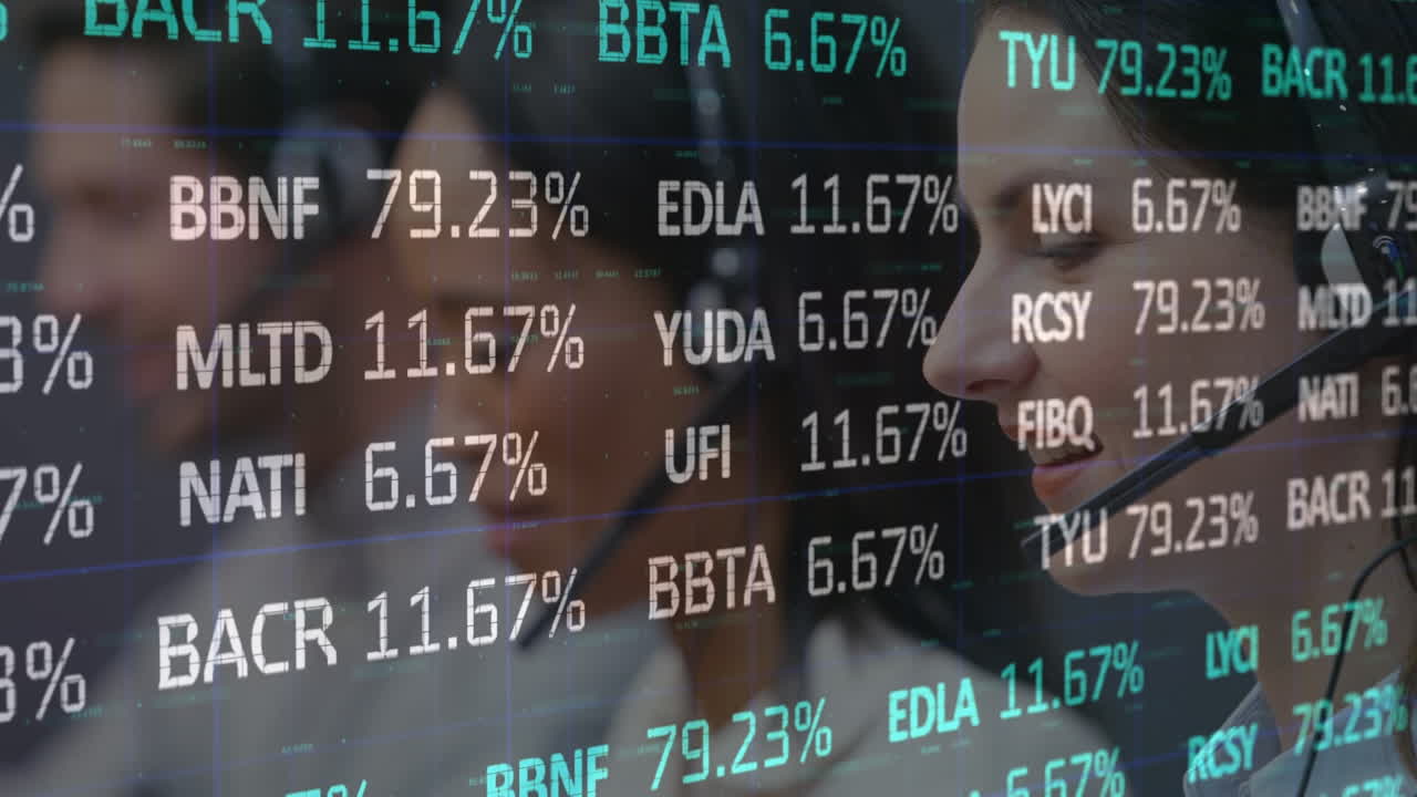 Animation of stock market over diverse business people with headsets