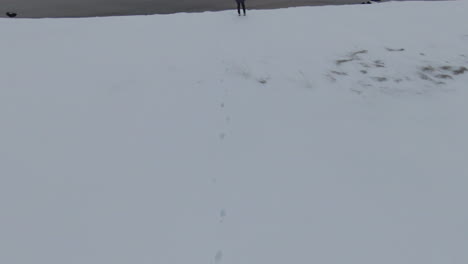 girl standing on snowy beach, looking at mountains in background