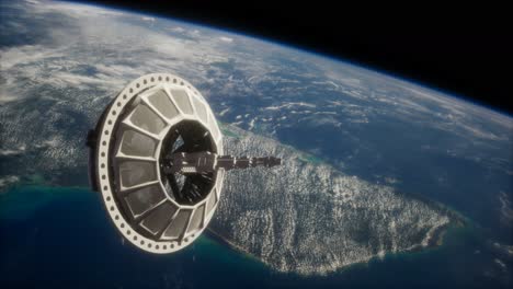 satélite espacial futurista en órbita alrededor de la tierra