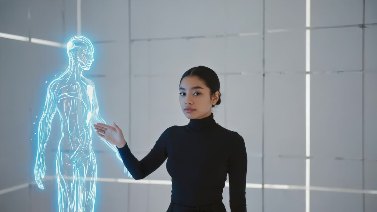 A woman interacting with a holographic projection of a human body