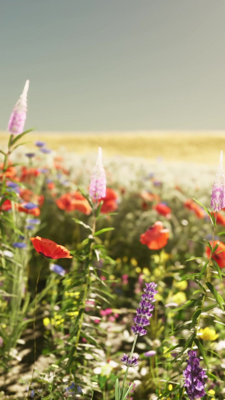 Fiori colorati sbocciano in un campo durante una giornata di sole in primavera.