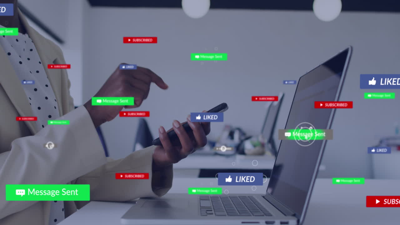 Animation of social media icons on mid section of african american woman using smartphone at office