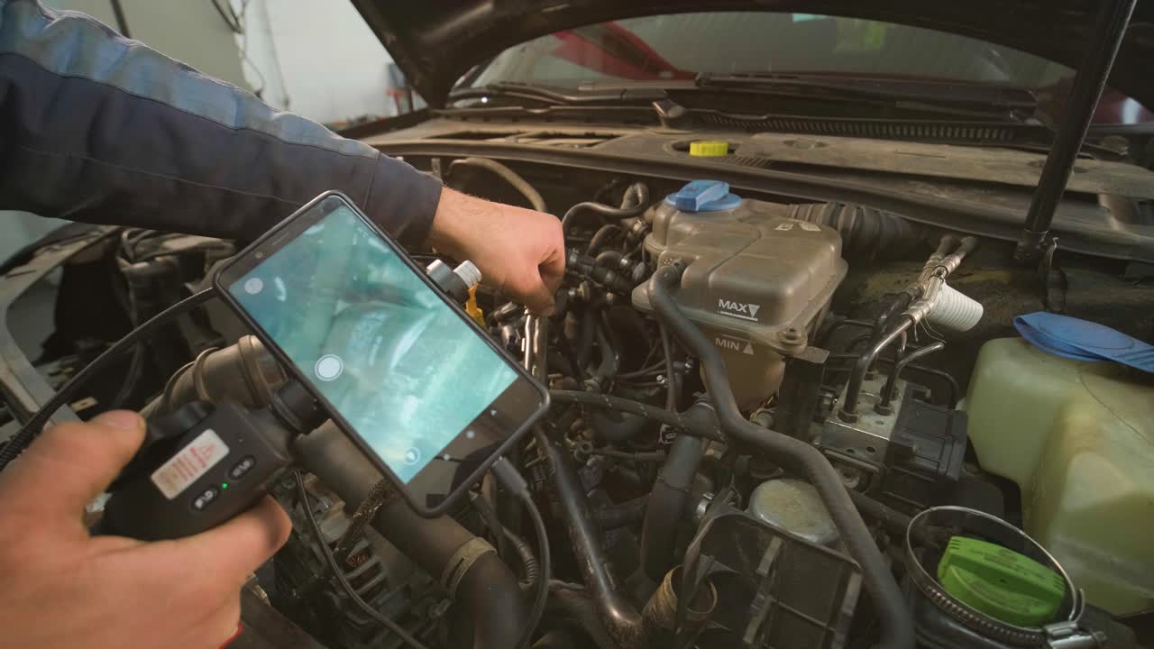 manos de mecánico de automóviles comprobar el motor del vehículo con endoscopio técnico con cámara rotativa y teléfono móvil. reparación de la cabeza del motor y las válvulas.