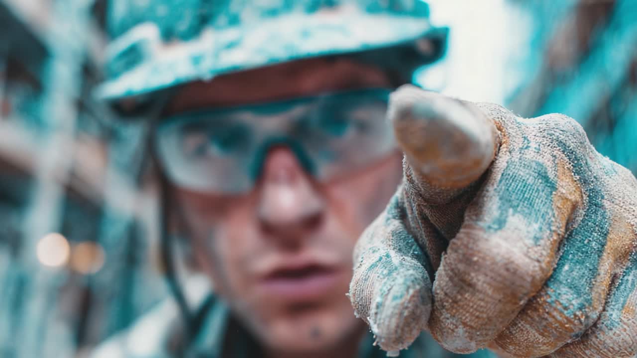 An Intense Focus: A Determined Worker Points Forward, Amidst Dust and Hard Work on a Construction Site