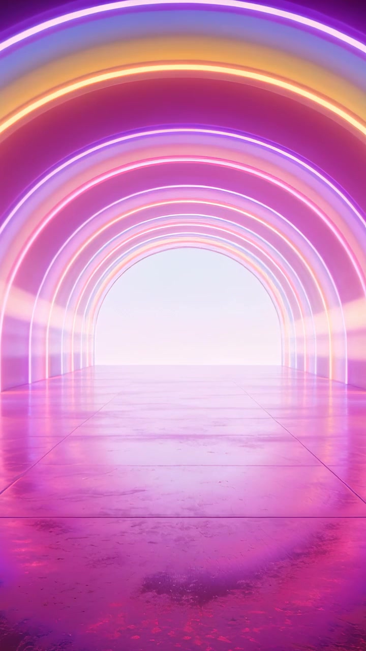 Vertical video: Cycling neon arches guiding eye down glossy tunnel floor to bright portal with haze