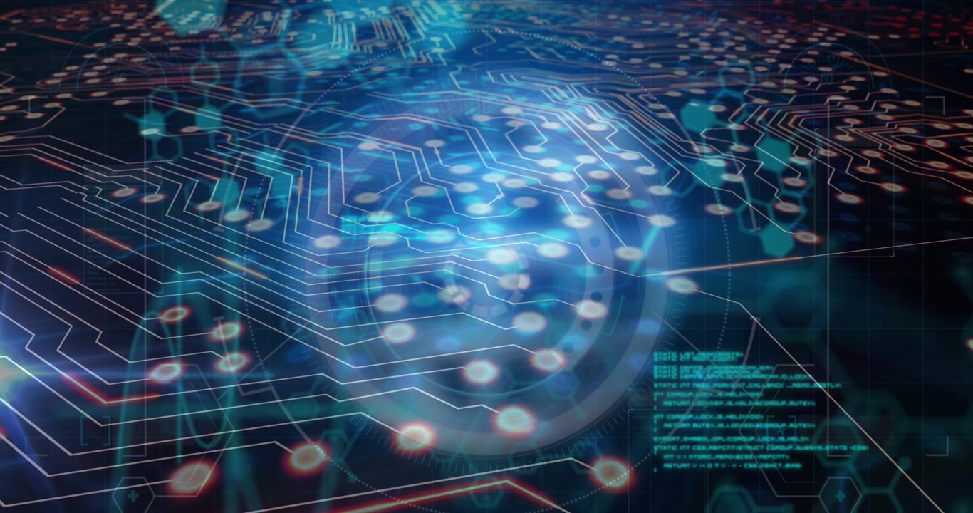 Animation of computer circuit board over data processing with scope scanning on black background