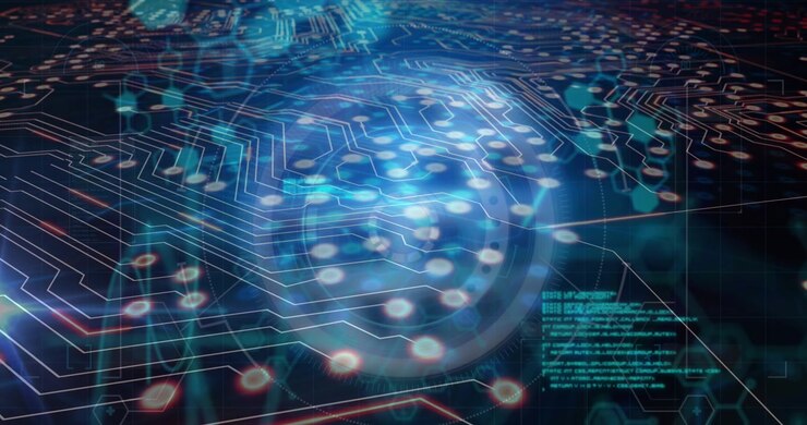 Animation of computer circuit board over data processing with scope scanning on black background