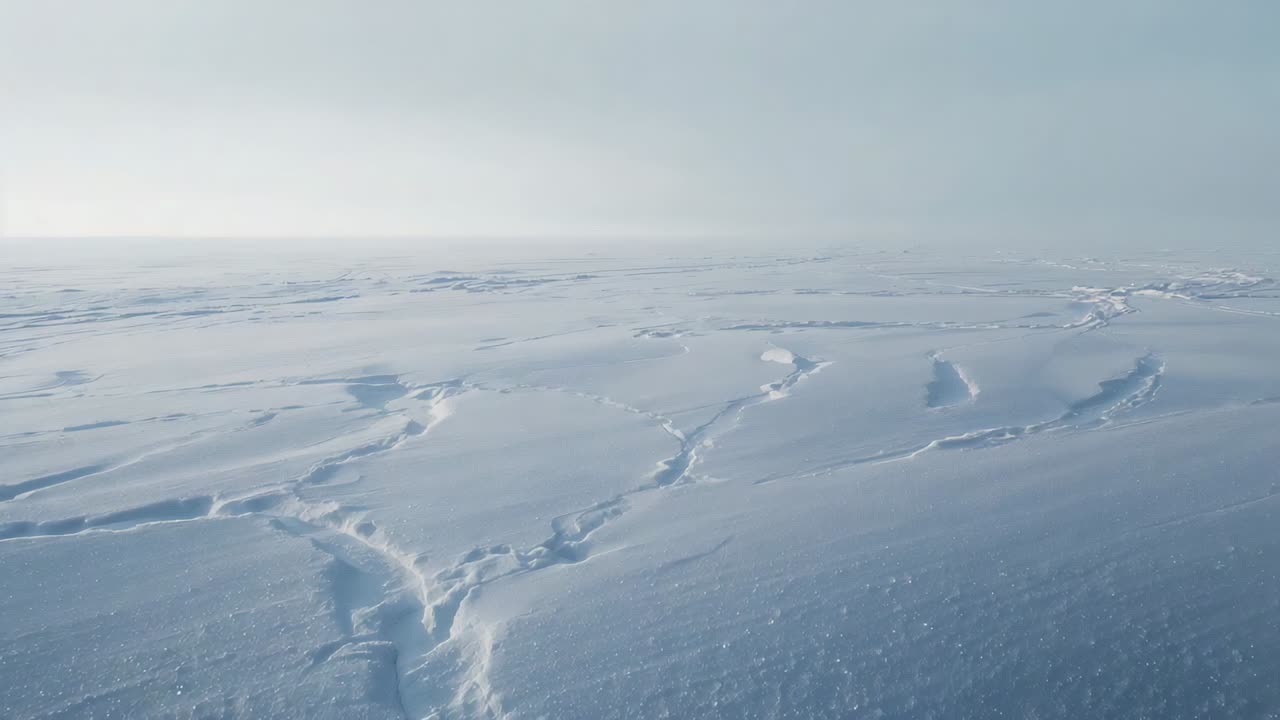 Glidende dronekamera afslører struktureret snevidde over polarslette og fremhæver sastrugi-rygge