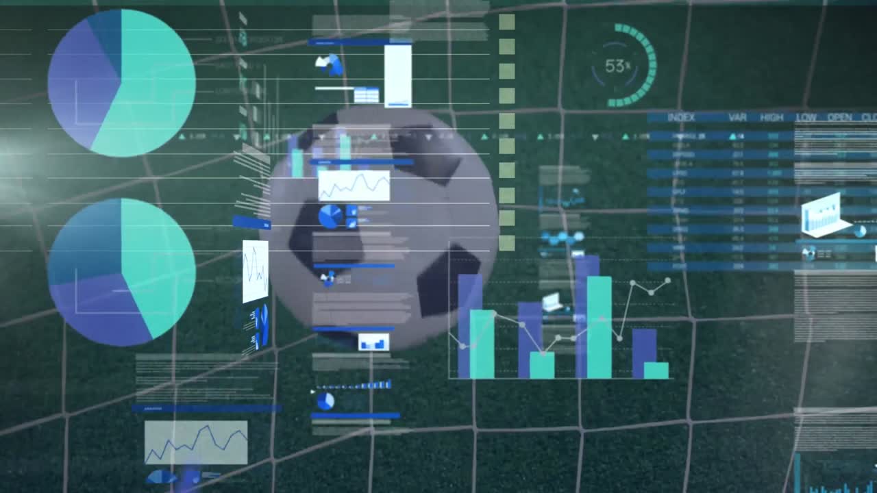 animación del procesamiento de datos estadísticos contra el primer plano de un balón de fútbol que golpea la red de la meta