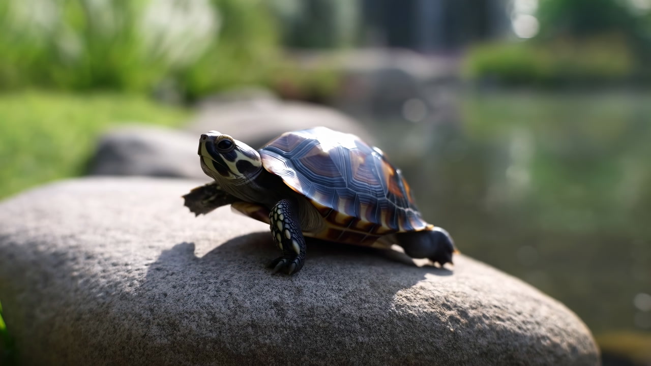 Turtle Basking On Sunlit Pond Rock, Slow Movement Toward Water With Glossy Patterned Shell Catching Light,