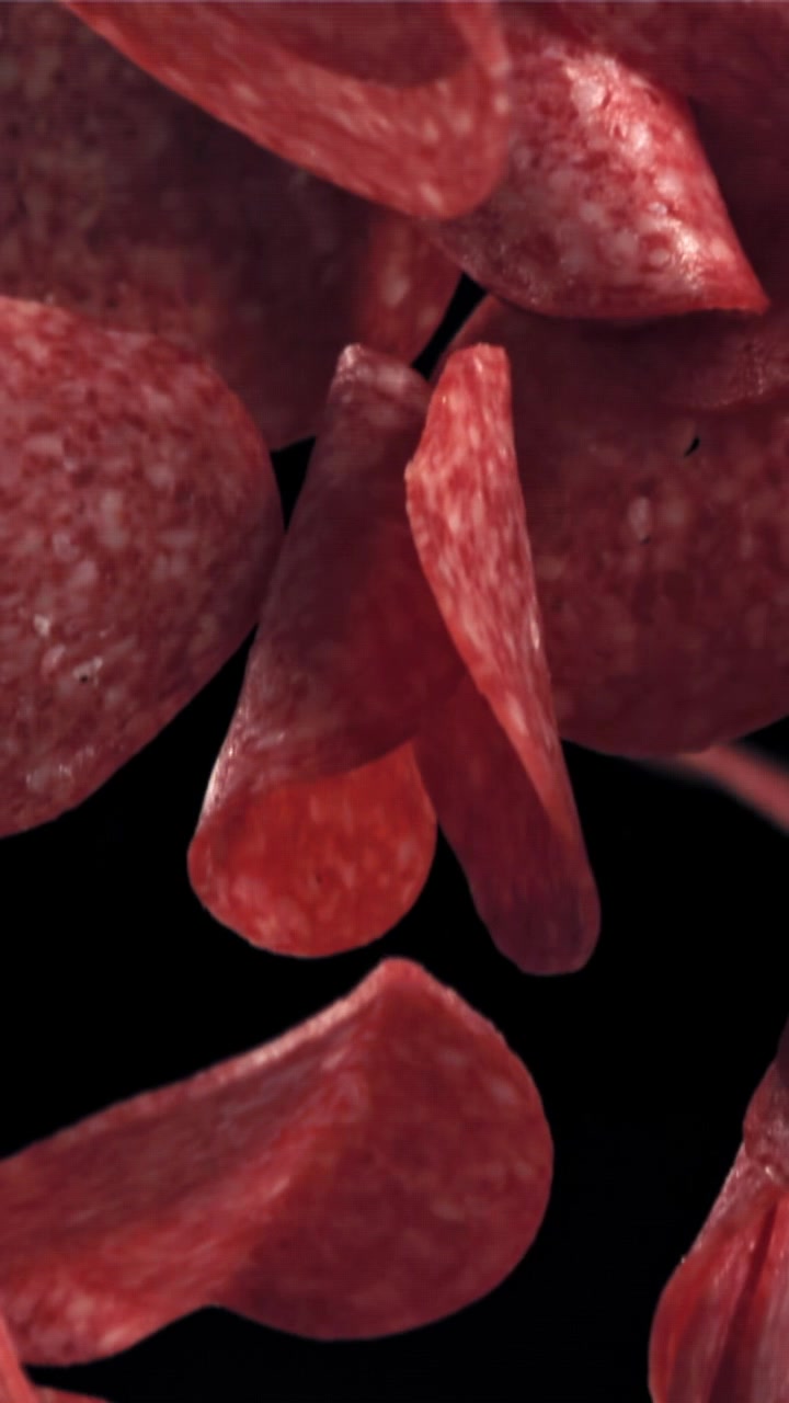 Primo piano di fette di salame che cadono al rallentatore