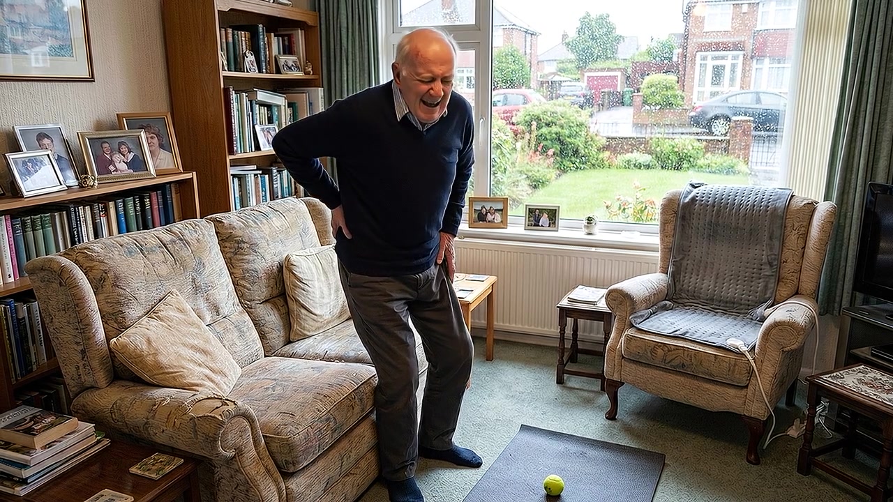 Senior Man Experiencing Back Pain While Sitting Down at Home