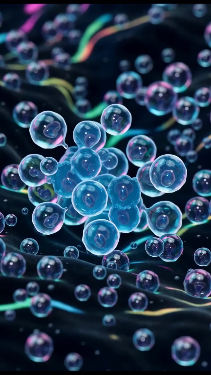 Grappolo di bolle iridescenti galleggia su onde al neon, sfere traslucide luminose si assemblano in strutture molecolari