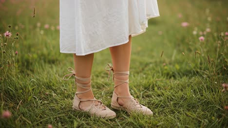 a serene moment of elegance: capturing the beauty of laced footwear against a lush green meadow amidst delicate blossoms in a bright, natural setting
