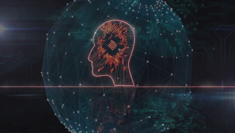 Animation of digital human head silhouette with network connections and data points