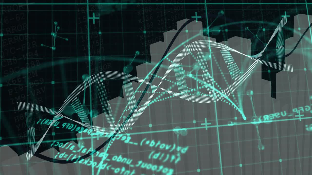 DNA helix emerging from left gliding to center initiating bars pulsing in rhythm for data analysis