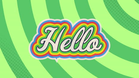 animación digital del texto de saludo con efecto de sombra de arco iris contra un fondo radial verde