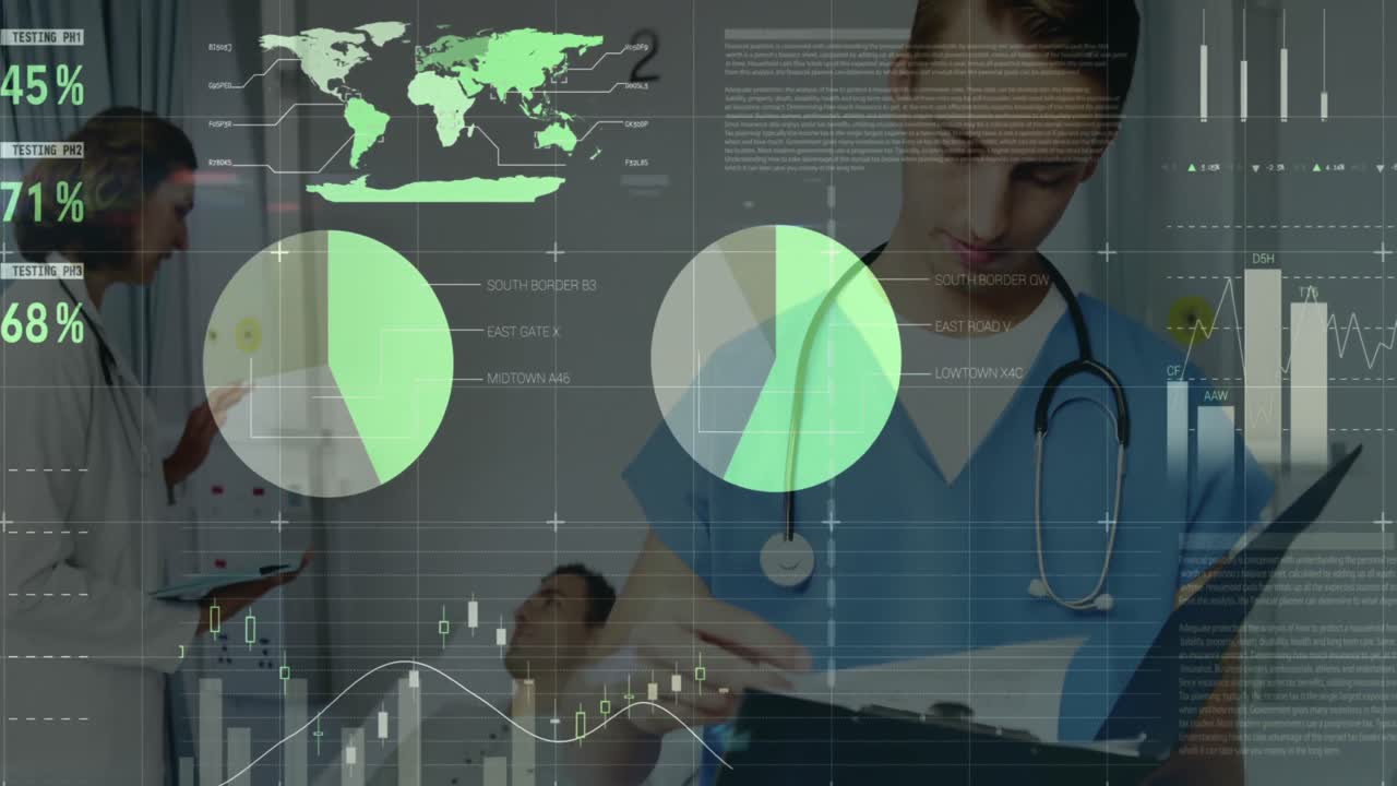 animación del procesamiento de datos sobre un médico caucásico con un archivo