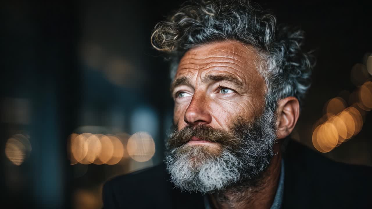 A Thoughtful Portrait of a Man with Curly Hair and Distinctive Beard Set Against a Softly Lit Background, Capturing Introspection and Depth of Character