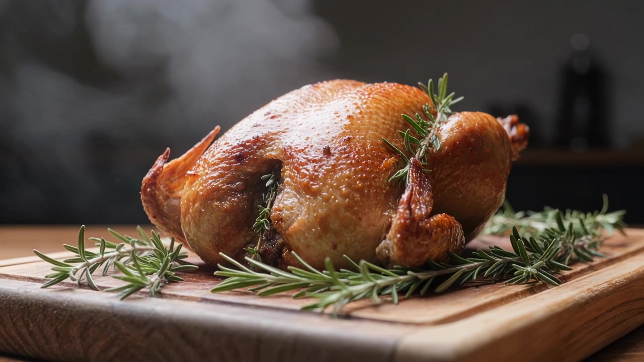 Una telecamera in movimento svela la pelle croccante su un pollo arrosto che riposa su un tagliere di legno, con vapore di rosmarino.