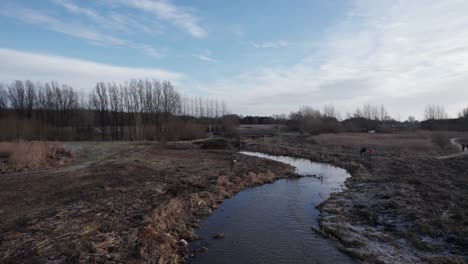 flyover rural landscape, area with water and trees - dolly in shot