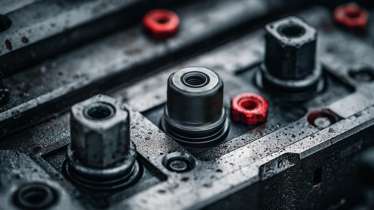 Nærbillede af industrielle maskinkomponenter: Detaljeret visning af metalbefæstelser og O-ringe i en mekanisk samling, der fremviser teksturer og farver