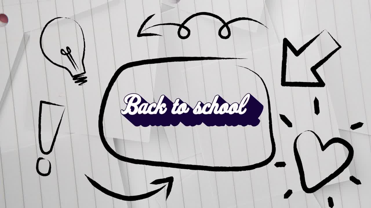 학교로 돌아오는 환영 텍스트와 학교 개념 아이콘의 디지털 애니메이션 백색 라인 종이에 대해