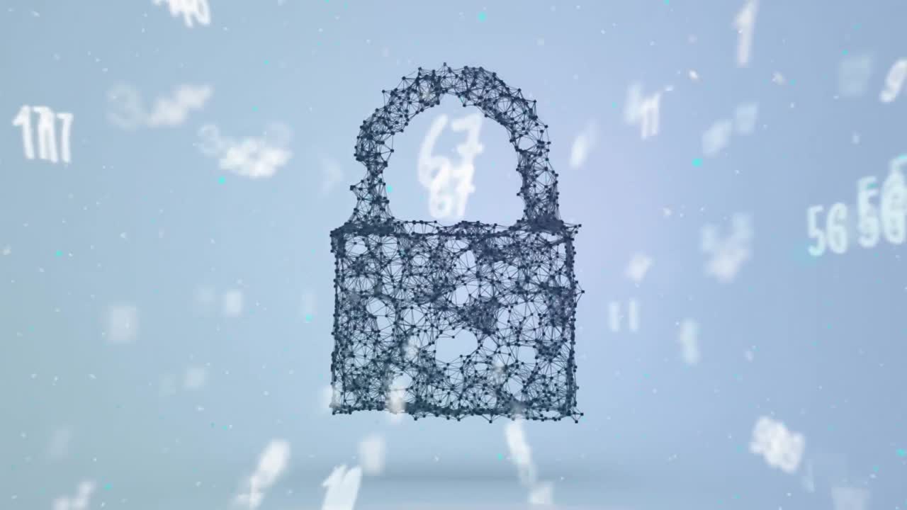 animación de números blancos y candado de red negro, a través de la red de conexiones en gris