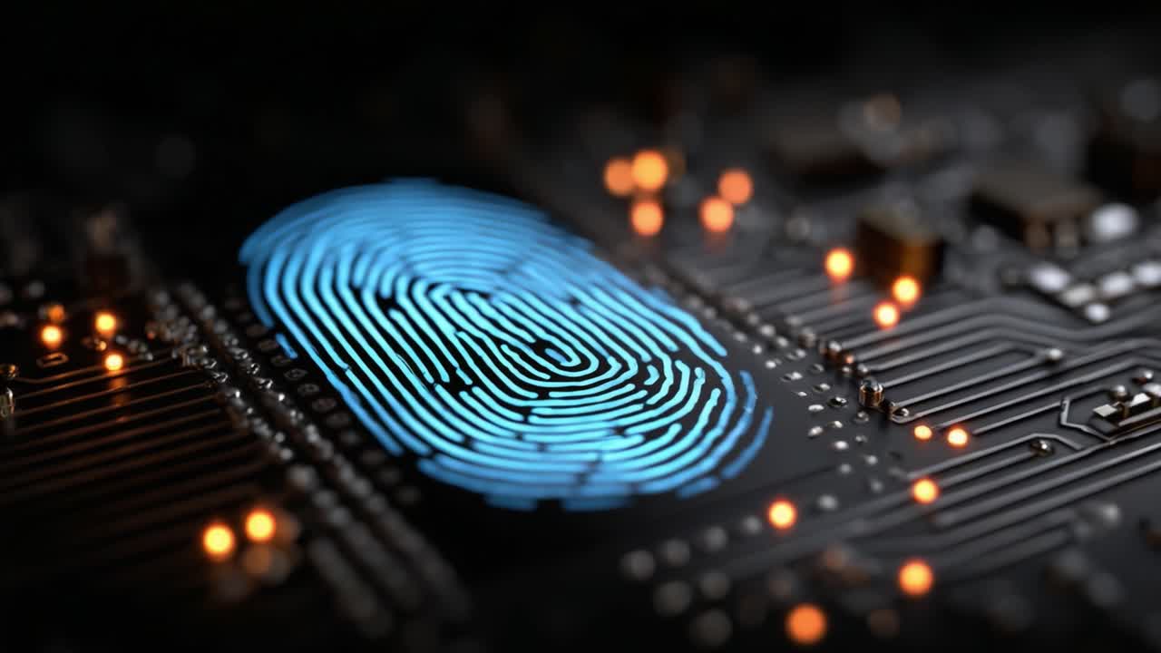 Exploring the Intersection of Technology and Identity: A Close-Up Look at a Digital Fingerprint on a Circuit Board Representing Biometric Security Innovations
