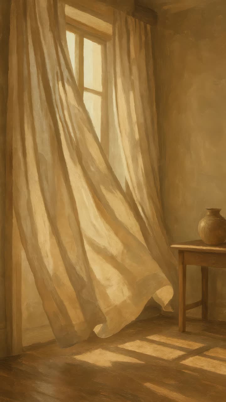 Warm, vintage-style video frame of sunlight streaming through a window with sheer curtains