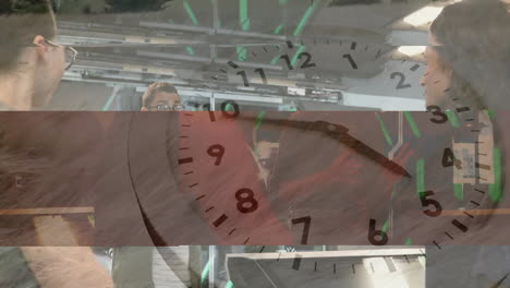 clock face overlay showing people working in industrial setting with machinery