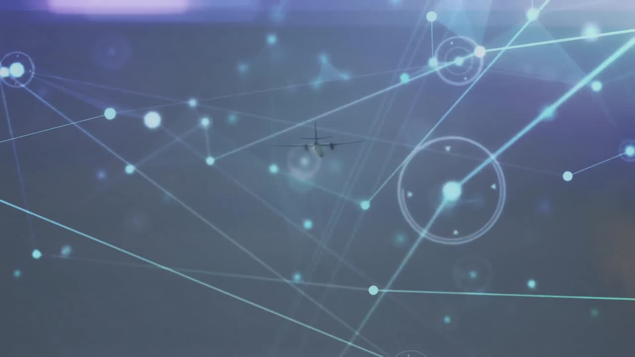 animación de la red de conexiones y rastros de luz sobre el avión que vuela en el cielo