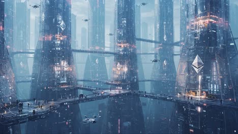 futuristic cityscape: a glimpse into a high-tech metropolis filled with distinct towers, hovering vehicles, and a lively urban atmosphere captured in two frames