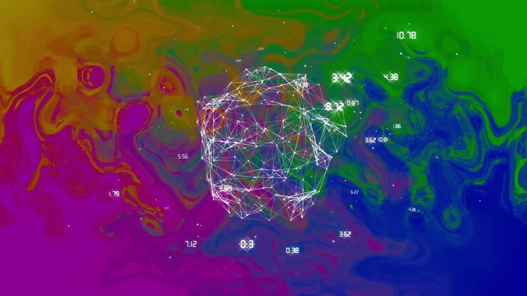Displaying wireframe cluster floating over swirling marbled backdrop featuring numeric labels