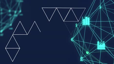 Animation of abstract geometric shapes over two globes of digital icons spinning on blue background