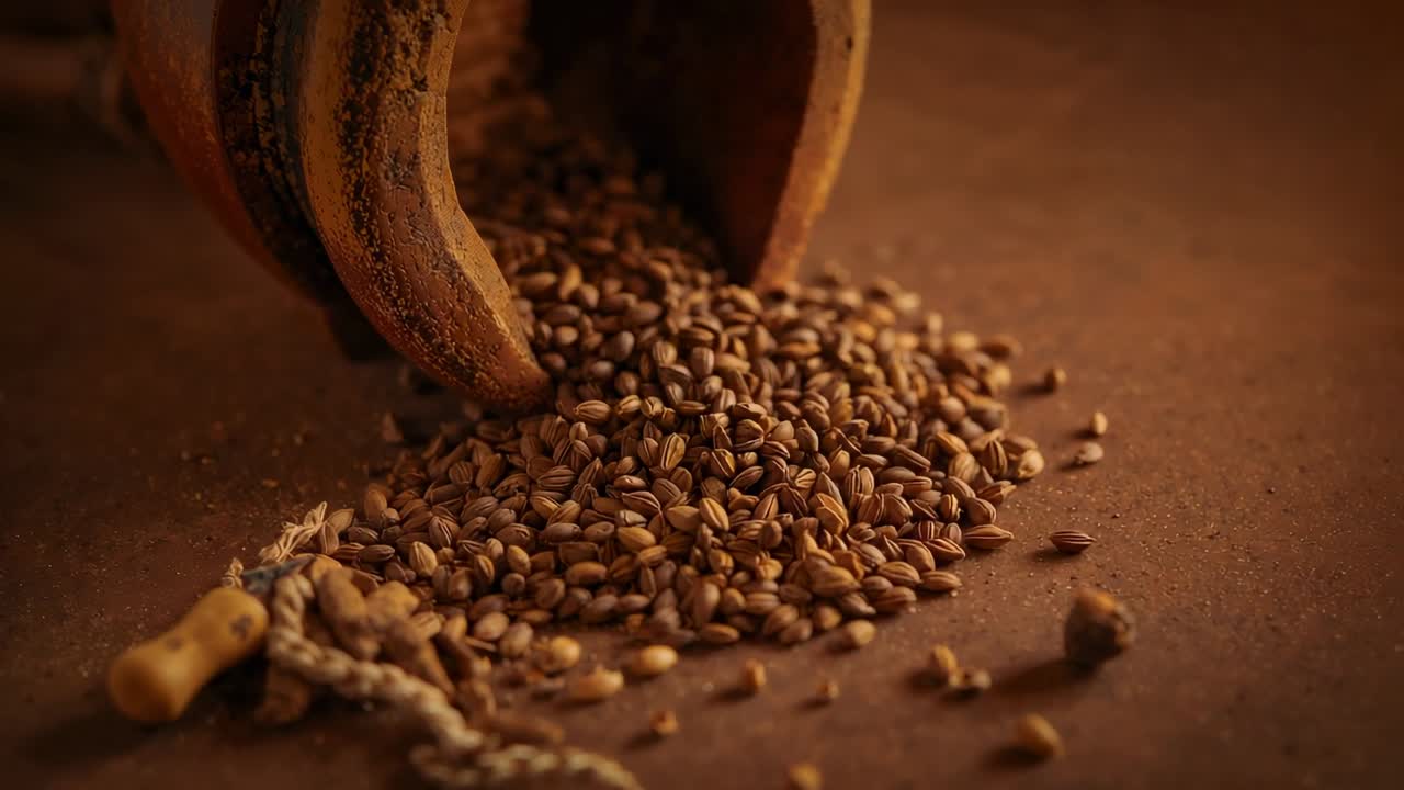 Spilling tilted earthenware pot releasing golden kernels onto textured wooden tabletop, rope peg