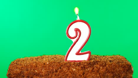 cake with the number 2 lighted candle. chroma key. green screen. isolated