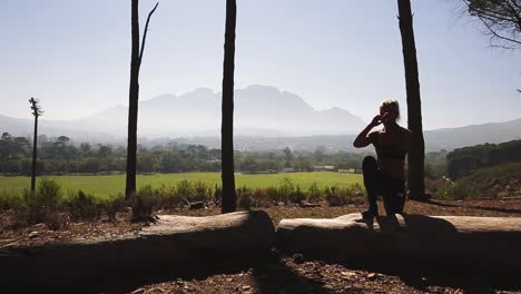 A-woman-doing-leg-exercises-using-a-tree-stump-outdoors