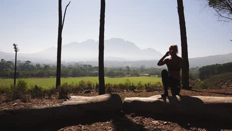 Una-Mujer-Haciendo-Ejercicios-De-Piernas-Usando-Un-Tocón-De-árbol-Al-Aire-Libre